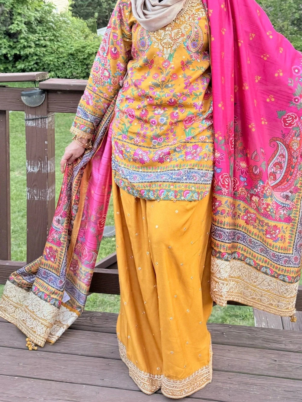 Mustard Floral Wide-Leg Pants & Matching Tunic Set
